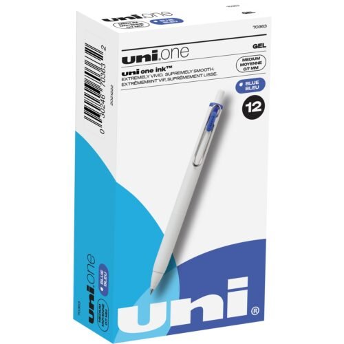 uniball uniONE Gel Pen, Retractable, Medium 0.7 mm, Blue Ink, White/Blue Barrel, Dozen (UBC70363)