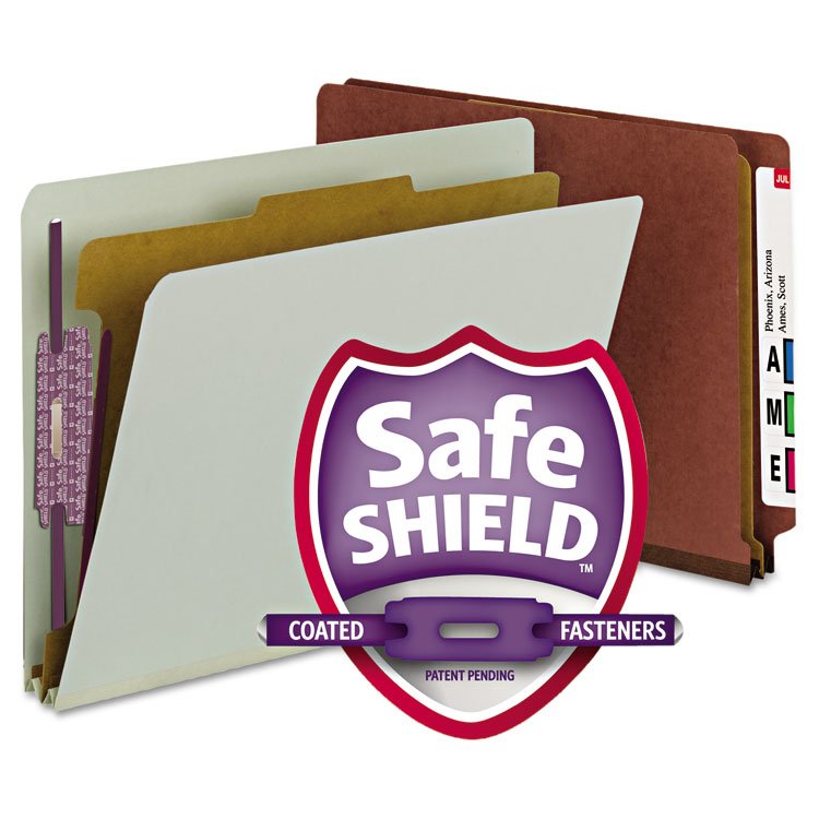 Smead End Tab Pressboard Classification Folders, Four SafeSHIELD Fasteners, 2" Expansion, 1 Divider, Letter Size, Red, 10/Box (SMD26855)