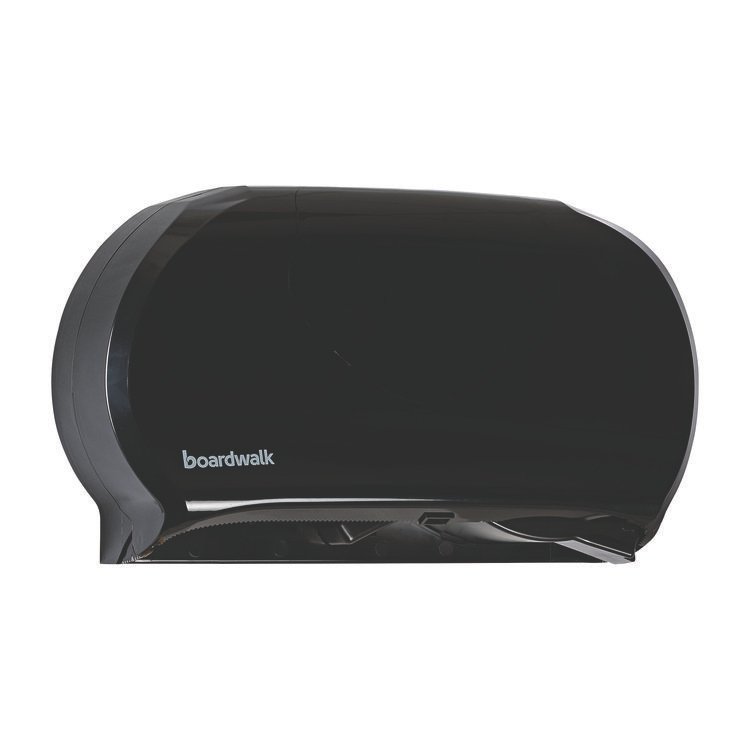 Boardwalk Jumbo Twin Toilet Tissue Dispenser is a durable black dispenser that holds two large rolls of toilet paper. Its twin-roll design automatically switches to the second roll when the first one runs out, helping prevent empty dispensers. This setup reduces waste and makes sure one roll is fully used before moving to the next. It also saves time since you can load two rolls at once. The dispenser works with Boardwalk, Windsoft, and jumbo toilet paper rolls. Size: 20.25 x 6 x 12.25 inches.
