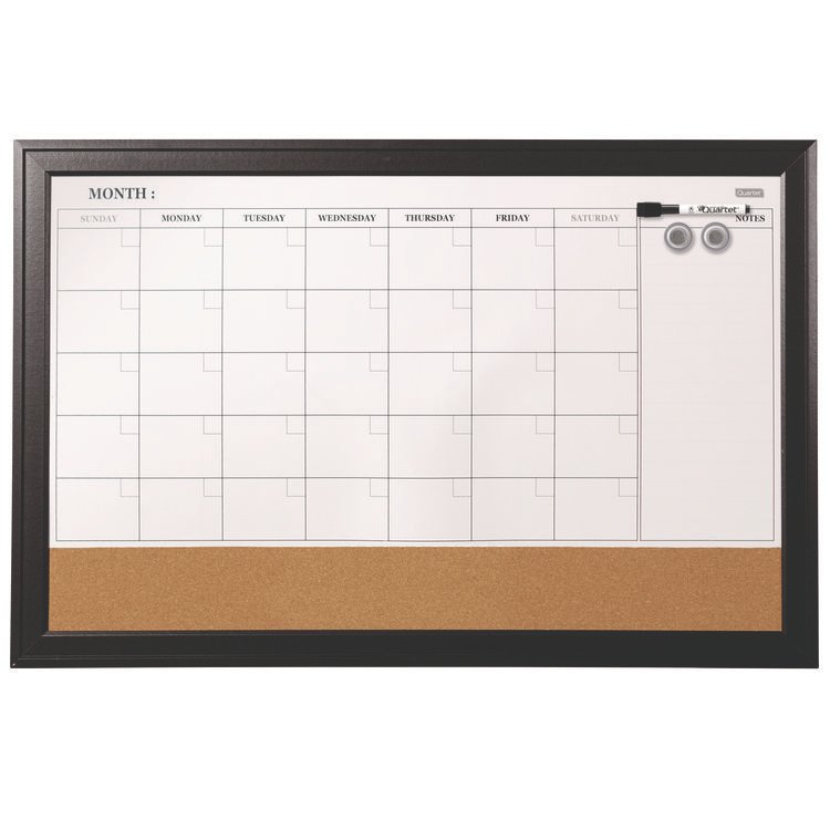 Quartet Magnetic Combination Dry Erase Calendar/Cork Board, 35 x 23, Tan/White Surface, Black Wood Frame (QRT79284)