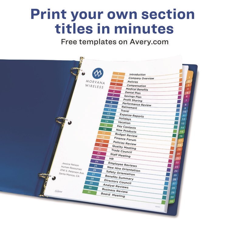 Avery Customizable Table of Contents Ready Index Multicolor Dividers, 31-Tab, 1 to 31, 11 x 8.5, White, 6 Sets (AVE11831)