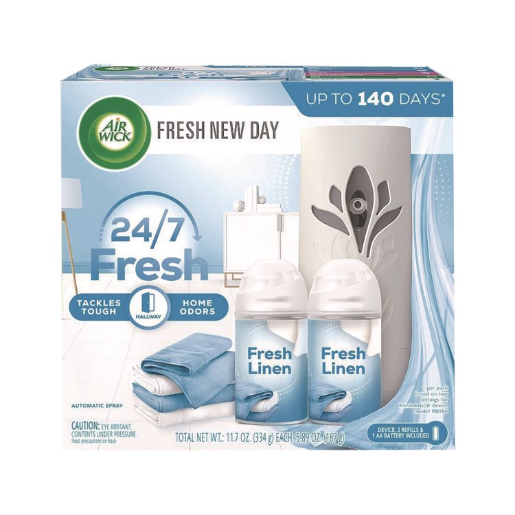 Air Wick Freshmatic Ultra Automatic Starter Kit, Gadget/(2) 5.89 oz Fresh Linen Refills/AA Battery, 4 Kits/Carton (RAC01918CT)
