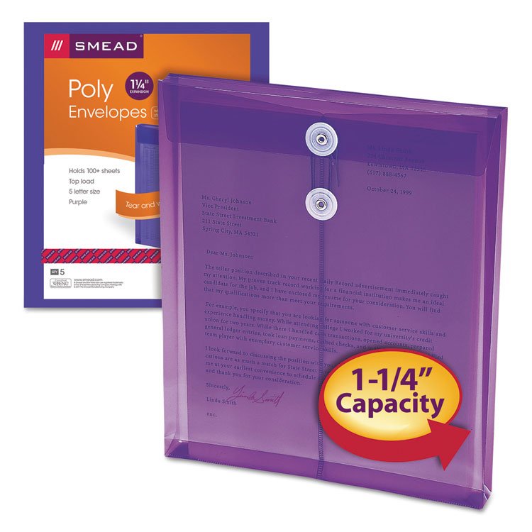 Smead Poly String and Button Interoffice Envelopes are durable, tear and water-resistant envelopes that help keep important documents organized. These are tough, acid-free poly materials, perfect for the home or office. These envelopes have a string-tie closure to securely hold contents and expand up to 1.25 inches. They are 9.75 x 11.63 inches, come in a transparent purple color, and are sold in packs of 5. The open-end, vertical design makes them easy to use and store.