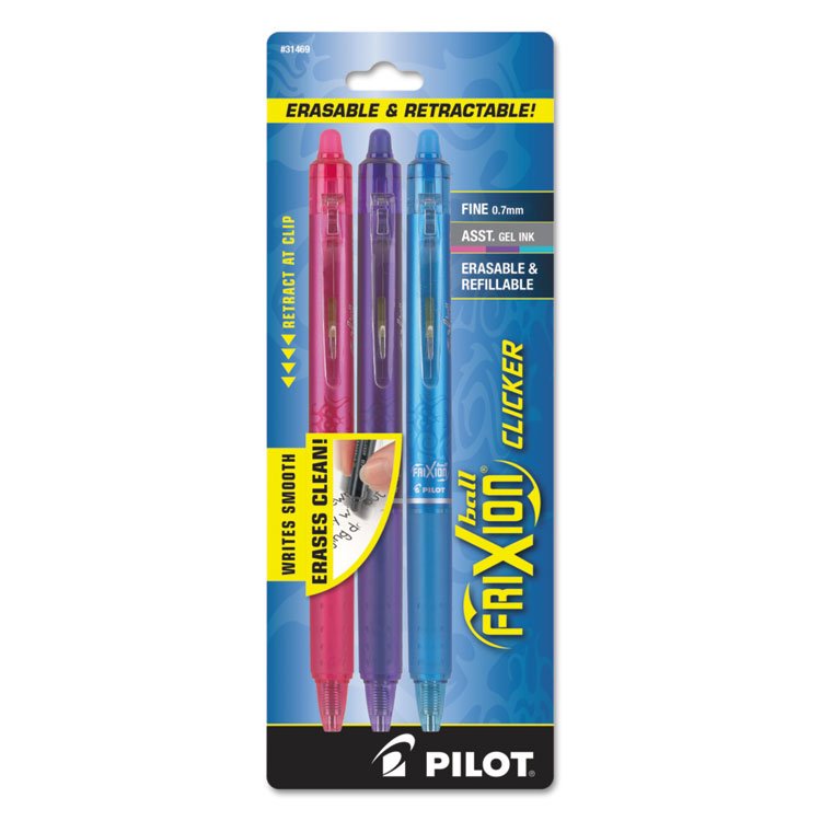 Pilot FriXion Clicker Erasable Gel Pen, Retractable, Fine 0.7 mm, Three Assorted Ink and Barrel Colors, 3/Pack (PIL31469)