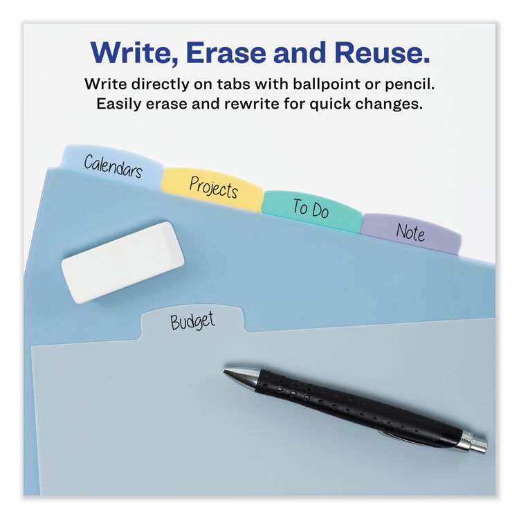 Avery Write and Erase Big Tab Durable Plastic Dividers, 3-Hole Punched, 5-Tab, 11 x 8.5, Assorted, 1 Set (AVE16170)