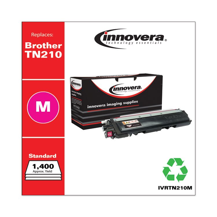 Innovera remanufactured (reused and refilled) magenta toner cartridge works like new but costs less. It replaces TN210M and prints about 1,400 pages. Made with a special process and quality parts, it’s an eco-friendly alternative to buying brand-new cartridges. Completely tested and backed by a 100% satisfaction guarantee. Saves money and reduces waste.
