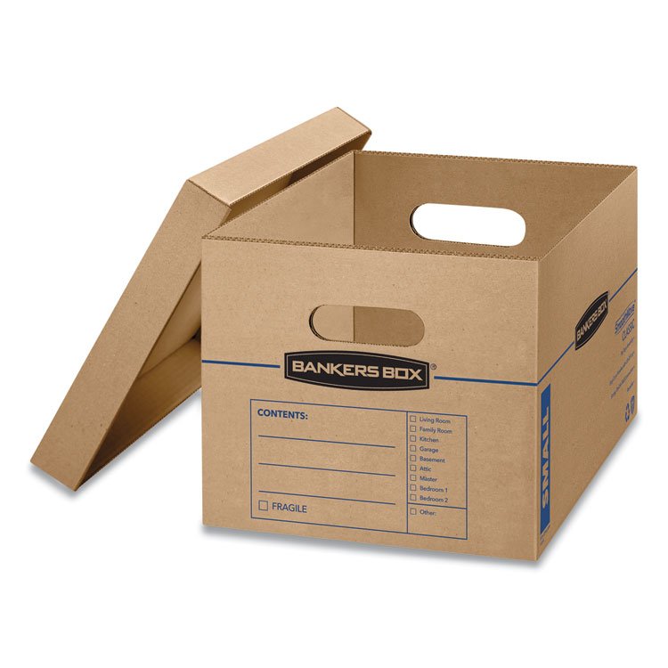 Bankers Box SmoothMove Classic Moving/Storage Boxes, Half Slotted Container (HSC), Small, 12" x 15" x 10", Brown/Blue, 10/Carton (FEL7714203)