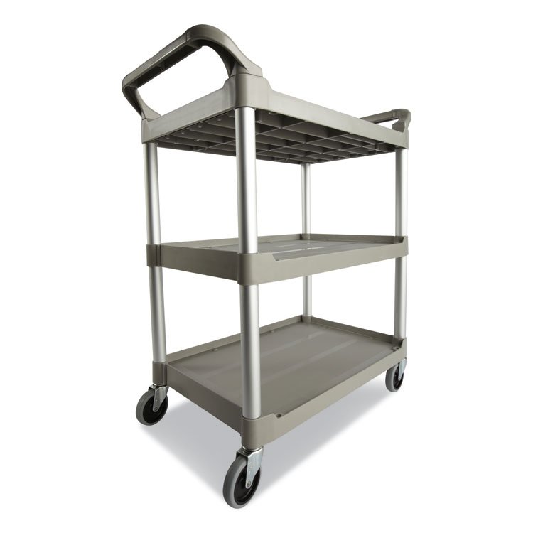 Rubbermaid Commercial Three-Shelf Service Cart, Plastic, 3 Shelves, 200 lb Capacity, 18.63" x 33.63" x 37.75", Platinum (RCP342488PM)