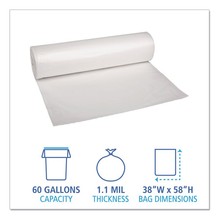 Boardwalk Recycled Low-Density Polyethylene Can Liners, 60 gal, 1.1 mil, 38" x 58", Clear, Perforated, 10 Bags/Roll, 10 Rolls/Carton (BWK533)