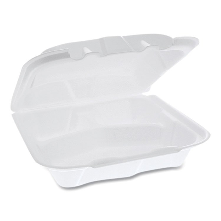 Pactiv Evergreen Vented Foam Hinged Lid Container, Dual Tab Lock, 3-Compartment, 8.42 x 8.15 x 3, White, 150/Carton (PCTYTD188030000)