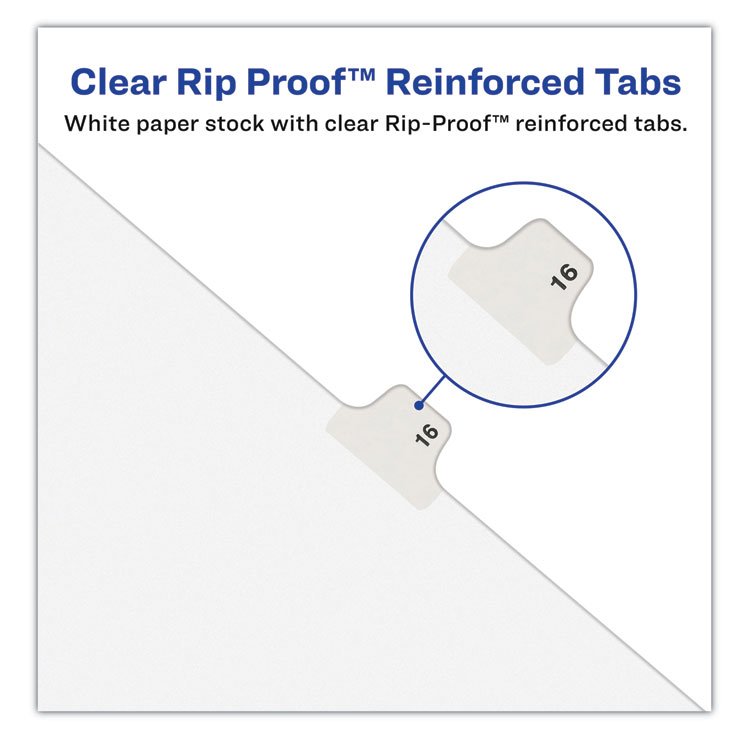 Avery Preprinted Legal Exhibit Side Tab Index Dividers help you organize your documents easily with reinforced, rip-proof tabs. These dividers are unpunched, so they work with most binding systems. They’re perfect for legal documents, mortgage files, and more. The dividers are 11 x 8.5 inches and feature a bold Helvetica font for easy reading. Each pack contains 25 dividers with 10 tabs. These dividers are designed for comb-binding systems.