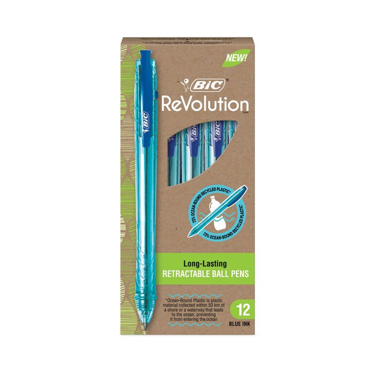 BIC ReVolution Ocean Bound Ballpoint Pen, Retractable, Medium 1 mm, Blue Ink, Translucent Blue Barrel, Dozen (BICBPRR11BE)