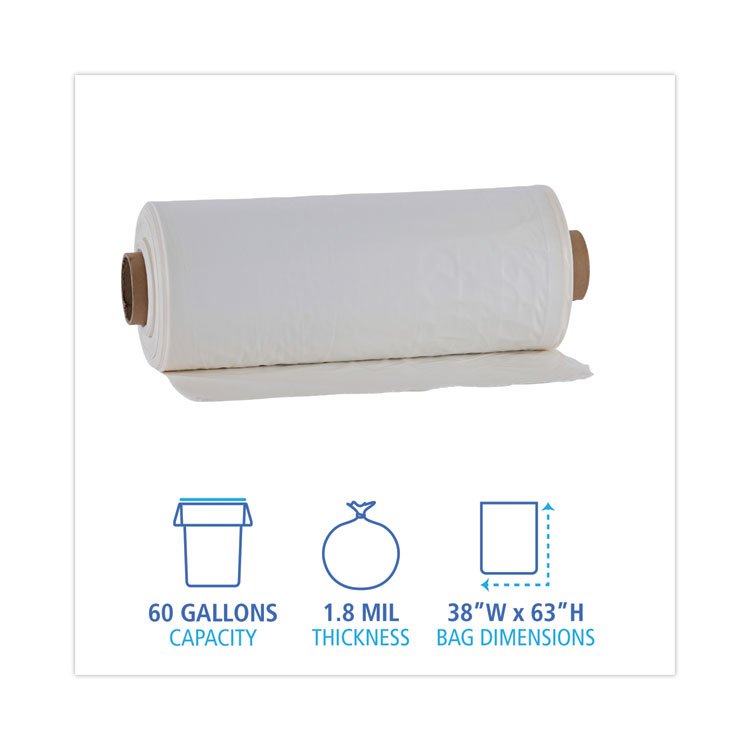 Boardwalk Industrial Drum Liners Rolls, 60 gal, 1.8 mil, 38" x 63", Clear, 75/Carton (BWKD38633CL)