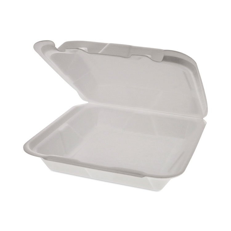 Pactiv Evergreen Foam Hinged Lid Container, Dual Tab Lock Happy Face, 8 x 7.75 x 2.25, White, 200/Carton (PCTYHD18SS00200)