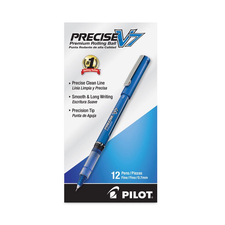 Pilot Precise V7 Roller Ball Pen, Stick, Fine 0.7 mm, Blue Ink, Blue/Clear Barrel, Dozen (PIL35349)