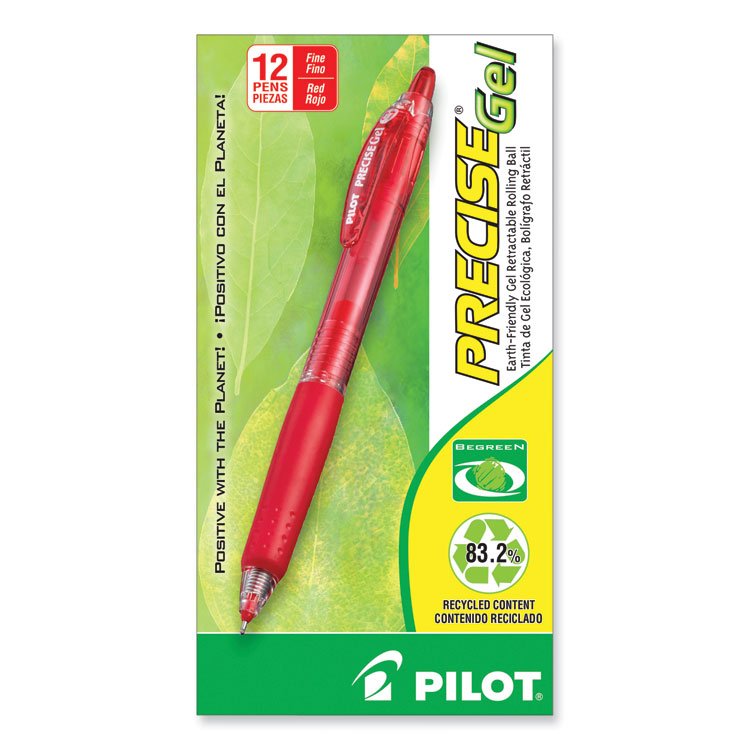 Pilot Precise Gel BeGreen Gel Pen, Retractable, Fine 0.7 mm, Red Ink, Translucent Red Barrel, Dozen (PIL15003)