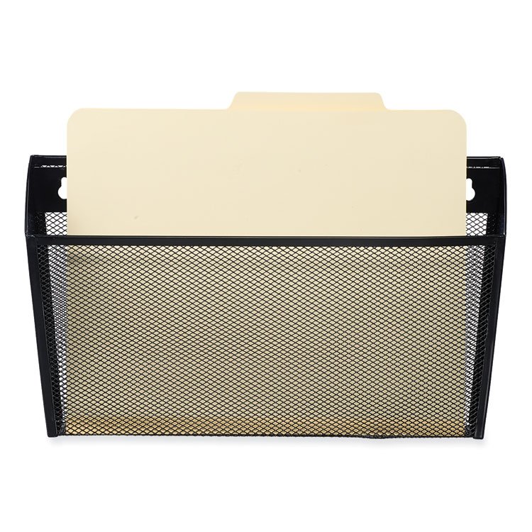 Universal Metal Mesh Wall File is a strong and durable file holder that helps you organize papers on the wall. It fits letter-size documents and has a full metal back, so nothing falls through. You can hang one or stack several to sort papers easily. It is easy to install with the included mounting hardware, and the black metal mesh design is built to last. The size is 14" wide, 3.1" deep, and 8.2" high.