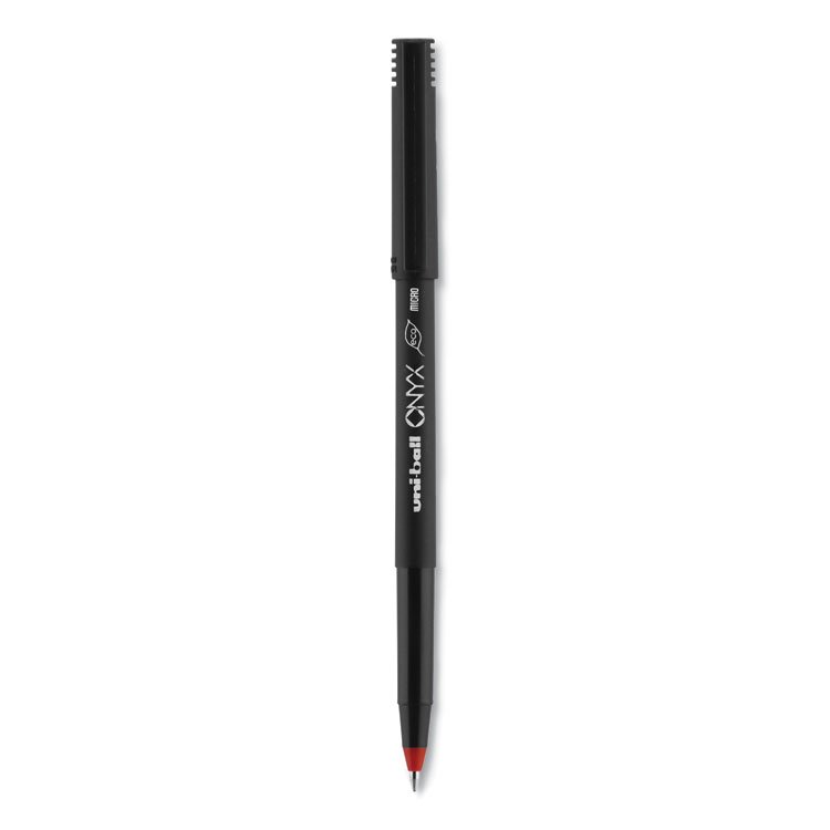 uniball ONYX Rollerball Pen, Stick, Extra-Fine 0.5 mm, Red Ink, Black/Red Barrel, Dozen (UBC60042)
