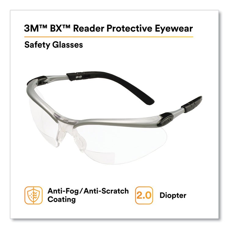 3M BX Molded-In Diopter Safety Glasses, 2.0+ Diopter Strength, Silver/Black Frame, Clear Lens (MMM1137500000)