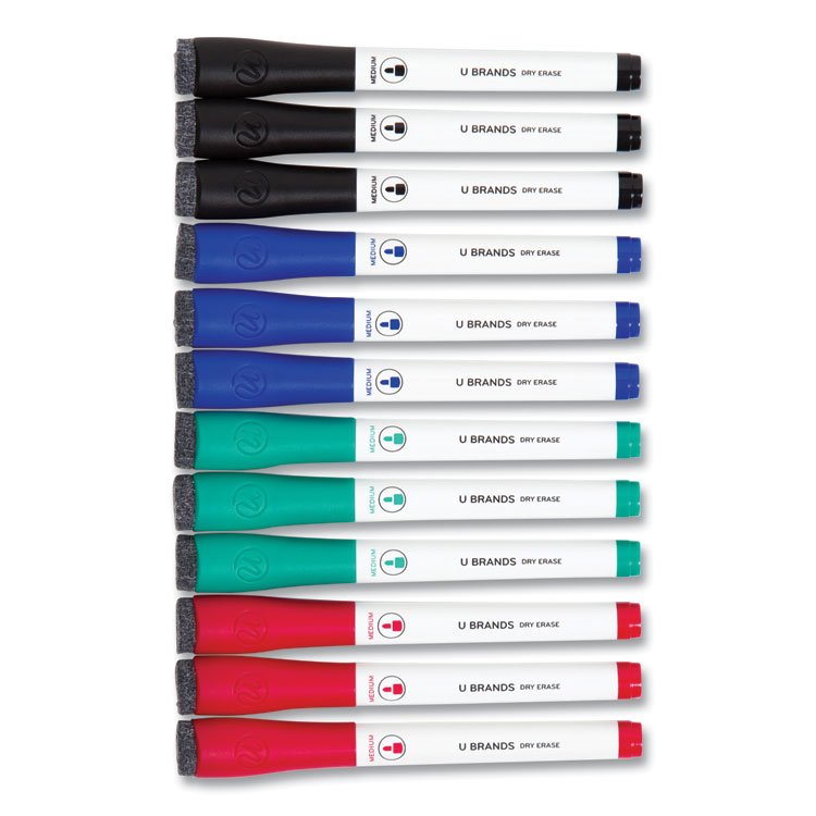 U Brands Medium Point Low-Odor Dry-Erase Markers with Erasers, Medium Bullet Tip, Assorted Colors, 12/Pack (UBR3980U0012)
