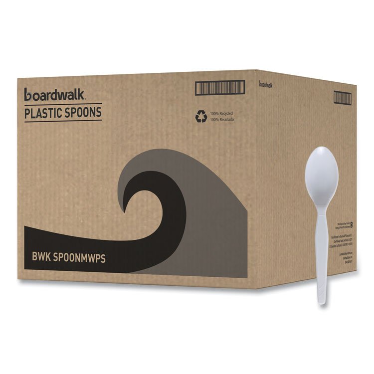 Boardwalk Mediumweight Polystyrene Cutlery, Spoon, Plastic, White, 100/Box, 10 Boxes/Carton (BWKSPOONMWPSCT)