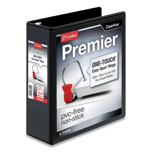Cardinal Premier Easy Open ClearVue Locking Slant-D Ring Binder, 3 Rings, 3 Capacity, 11 x 8.5, Black (CRD10331)