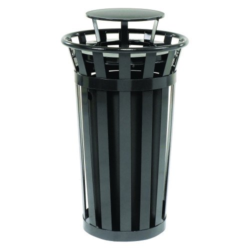 Global Industrial Outdoor Slatted Steel Trash Can, Rain Bonnet Lid, 24 gal, Black (GBE260803BK)