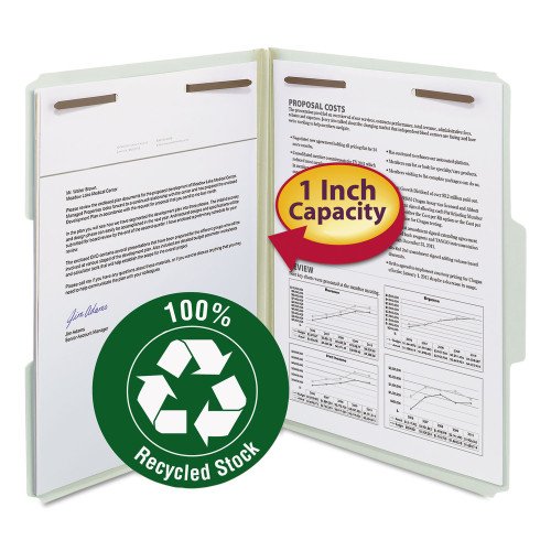 Smead Recycled Pressboard Fastener Folders, 1 Expansion, 2 Fasteners, Letter Size, Gray-Green Exterior, 25Box (SMD15003)