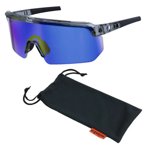 ergodyne Skullerz AEGIR Safety Glasses with Mirrored Lenses, Clear Smoke Nylon Impact Frame, Blue Mirror Polycarbonate Lens (EGO55011)