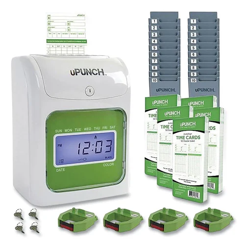uPunch UB1000 Electronic Non-Calculating Time Clock Bundle, LCD Display, BeigeGreen (PPZUB1000)