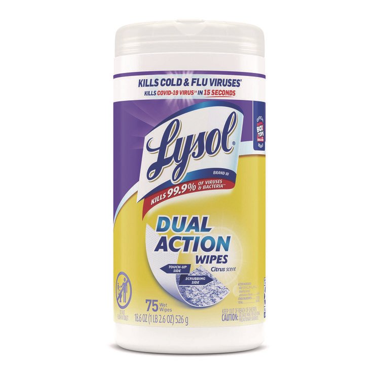 LYSOL Brand Dual Action Disinfecting Wipes, 1-Ply, 7 x 7.5, Citrus, White/Purple, 75/Canister, 6 Canisters/Carton (RAC81700CT)