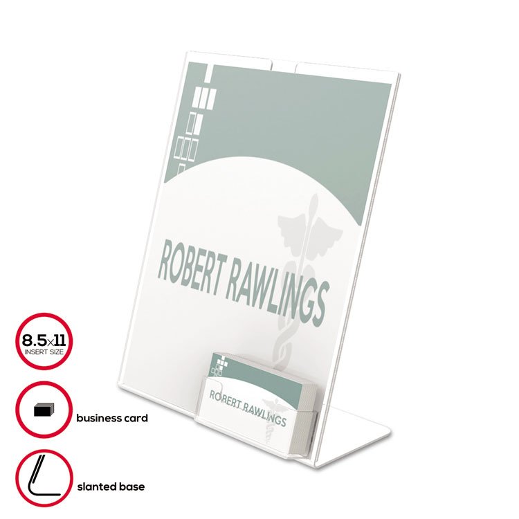 deflecto Superior Image Slanted Sign Holder with Business Card Holder, 8.5w x 4.5d x 11h, Clear (DEF590601)
