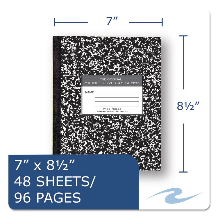 Roaring Spring Marble Cover Composition Book, Wide/Legal Rule, Black Marble Cover, (48) 8.5 x 7 Sheets (ROA77333)