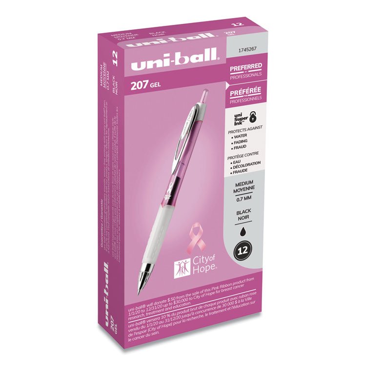 uniball Signo 207 City of Hope Edition Gel Pen, Retractable, Med 0.7 mm, Black Ink, Translucent Pink/Translucent White Barrel, Dozen (UBC1745267)