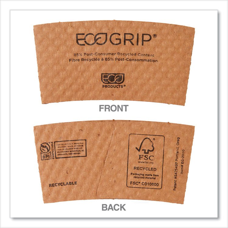 Eco-Products EcoGrip Hot Cup Sleeves - Renewable and Compostable, Fits 12, 16, 20, 24 oz Cups, Kraft, 1,300/Carton (ECOEG2000)
