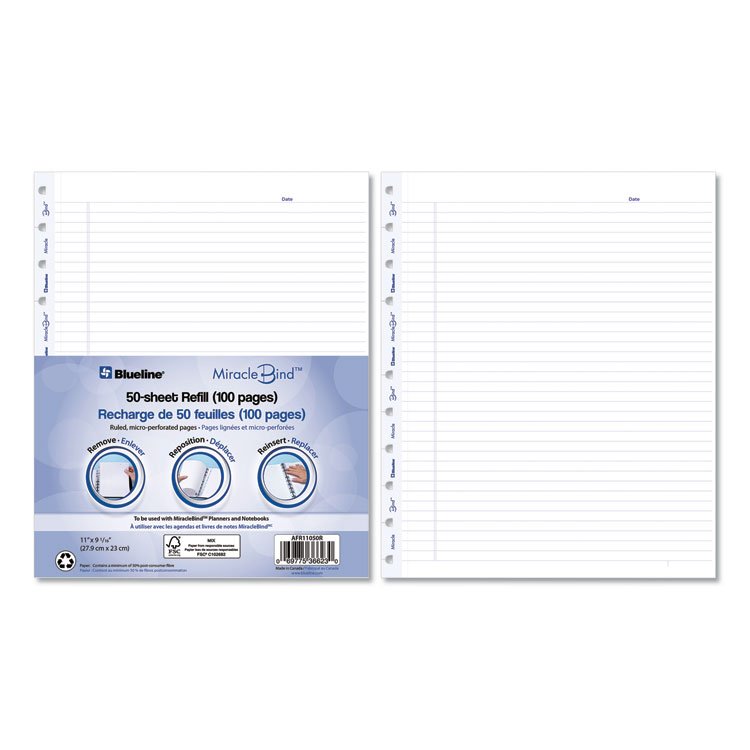 Blueline Ruled Paper Refill Sheets for all MiracleBind Notebooks and Planners, 11 x 9.06, White/Blue Sheets, Undated, 50/Pack (REDAFR11050R)