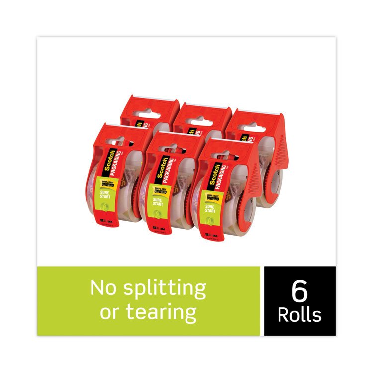 Scotch Sure Start Packaging Tape with Dispenser, 1.5" Core, 1.88" x 22.2 yds, Clear, 6/Pack (MMM1456)