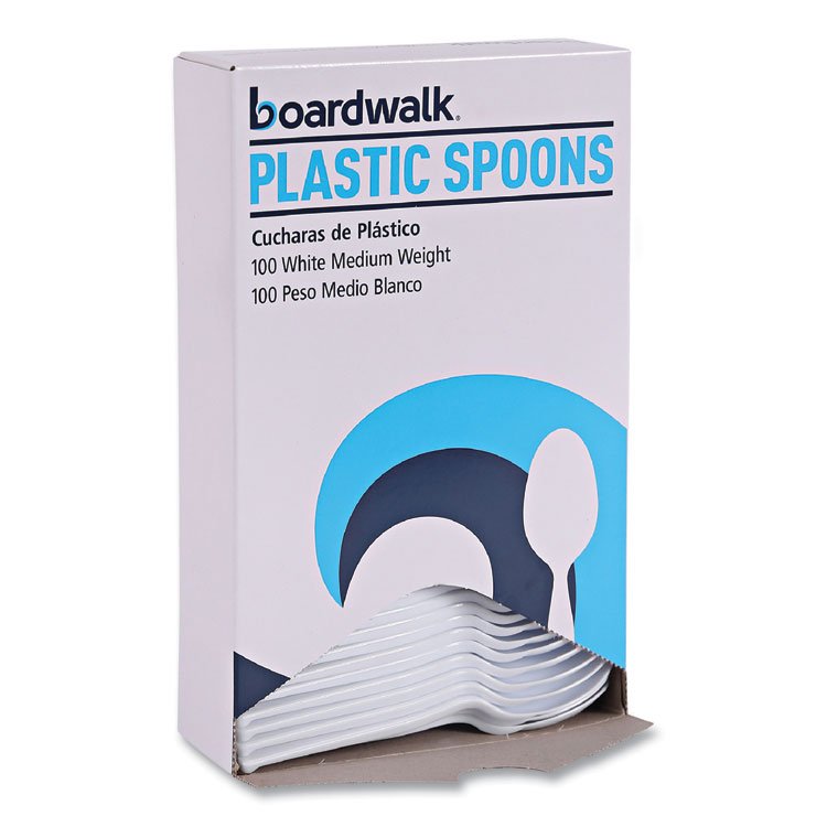 Boardwalk Mediumweight Polystyrene Cutlery, Spoon, Plastic, White, 100/Box (BWKSPOONMWPSBX)