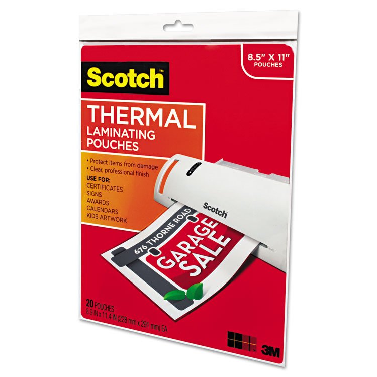 Scotch Laminating Pouches, 3 mil, 9" x 11.5", Gloss Clear, 20/Pack (MMMTP385420)