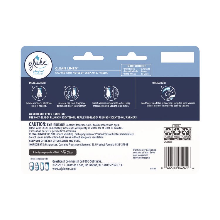 Glade Plugins Scented Oil Refill, Clean Linen, 0.67, 7/Pack (SJN350781)