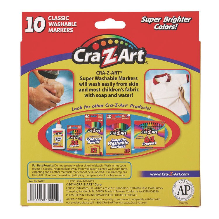 Cra-Z-Art Super Washable Markers, Broad Bullet Tip, Assorted Colors, 10/Set (CZA1000224)