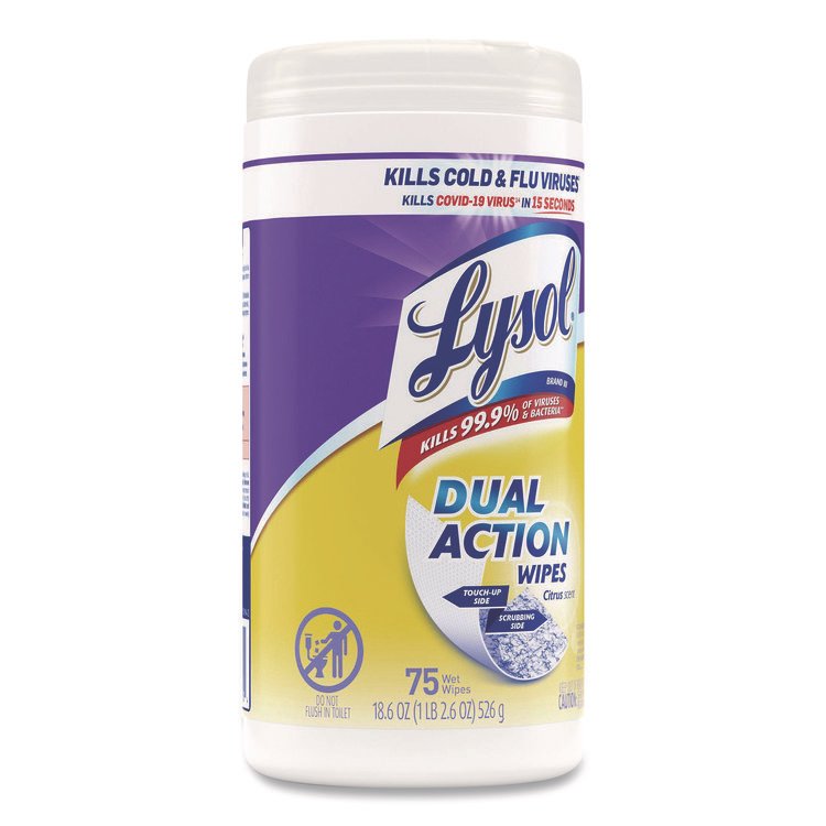 LYSOL Brand Dual Action Disinfecting Wipes, 1-Ply, 7 x 7.5, Citrus, White/Purple, 75/Canister (RAC81700)