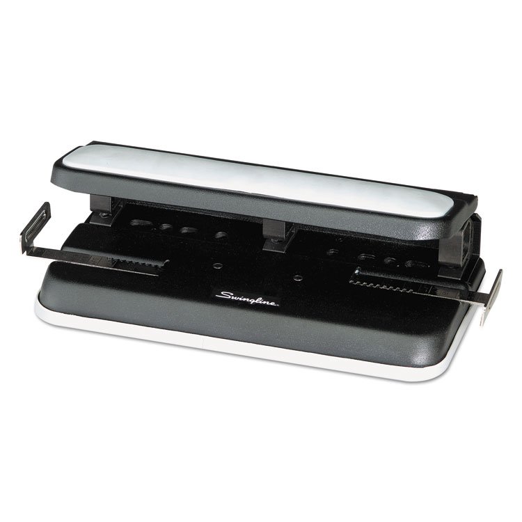Swingline 32-Sheet Easy Touch Two- to Three-Hole Punch with Cintamatic Centering, 9/32" Holes, Black/Gray (SWI74300)