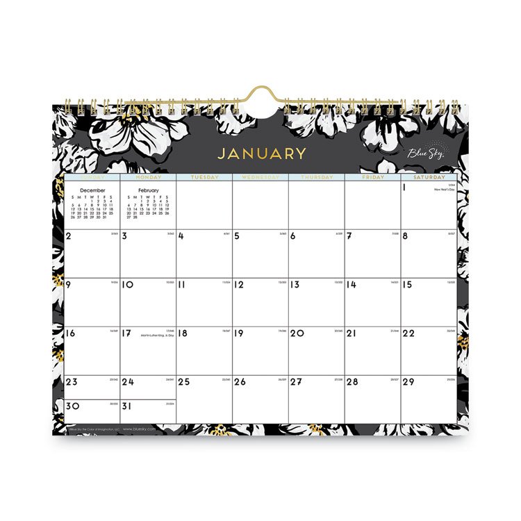 Blue Sky Baccara Dark Wall Calendar, Floral Artwork, 11 x 8.75, White/Black/Gold Sheets, 12-Month (Jan to Dec): 2025 (BLS116052)