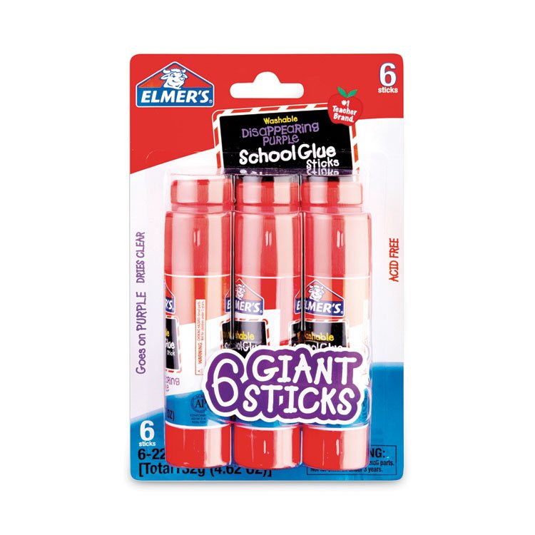 Elmer's School Glue Stick, 0.77 oz, Applies Purple, Dries Clear, 6/Pack (EPIE578)