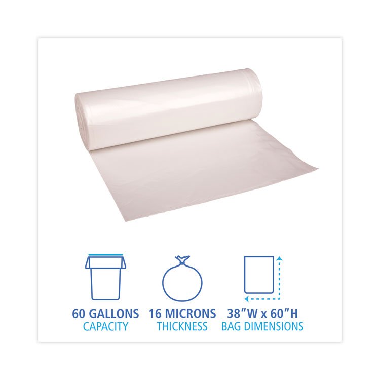 Boardwalk High Density Industrial Can Liners Coreless Rolls, 60 gal, 16 mic, 38" x 60", Natural, Perforated, 25 Bags/Roll, 8 Rolls/CT (BWKRH3860S)