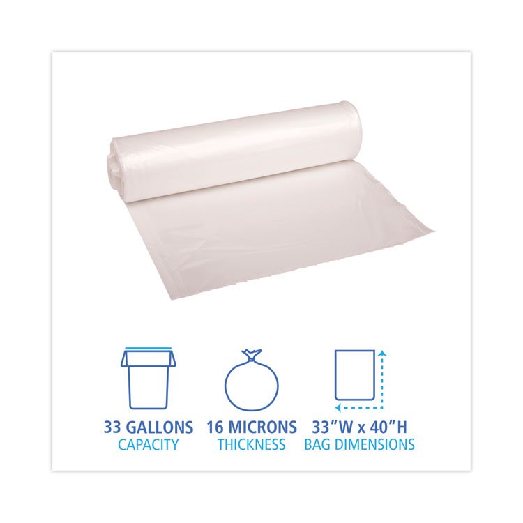 Boardwalk High Density Industrial Can Liners Coreless Rolls, 33 gal, 16 mic, 33" x 40", Natural, Perforated, 25 Bags/Roll, 10 Rolls/CT (BWKRH3340S)