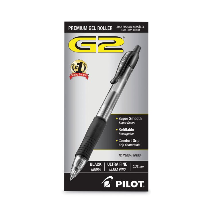 Pilot G2 Premium Gel Pen Convenience Pack, Retractable, Extra-Fine 0.38 mm, Black Ink, Smoke/Black Barrel, Dozen (PIL31277)