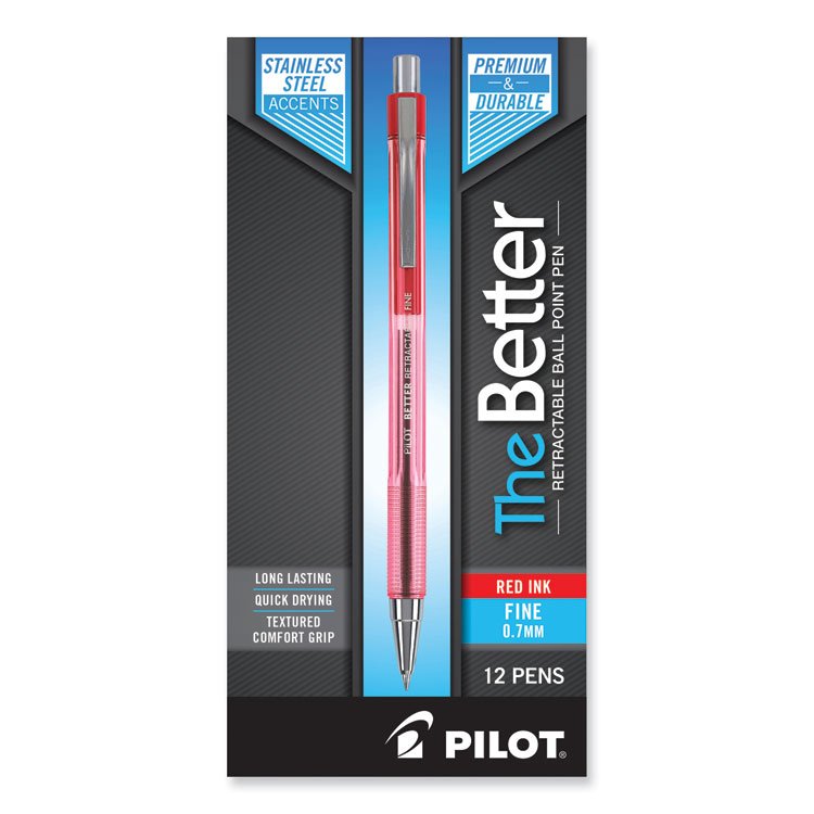 Pilot Better Ballpoint Pen, Retractable, Fine 0.7 mm, Red Ink, Translucent Red Barrel, Dozen (PIL30002)