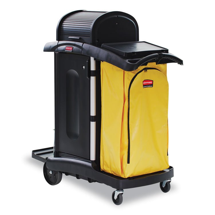 Rubbermaid Commercial High-Security Healthcare Cleaning Cart, Metal, 4 Shelves, 1 Bin, 22" x 48.25" x 53.5", Black (RCP9T7500BK)